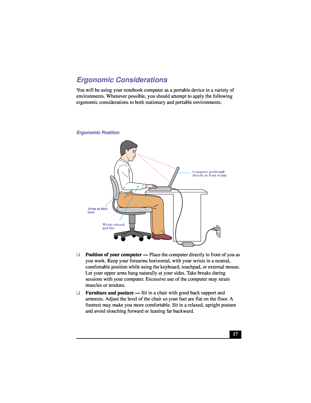Sony PCG-F640 manual Ergonomic Considerations, Ergonomic Position 
