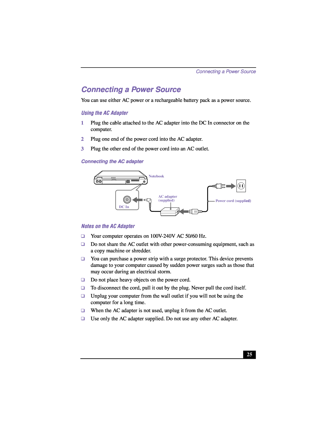 Sony PCG-F640 manual Connecting a Power Source, Using the AC Adapter, Notes on the AC Adapter 