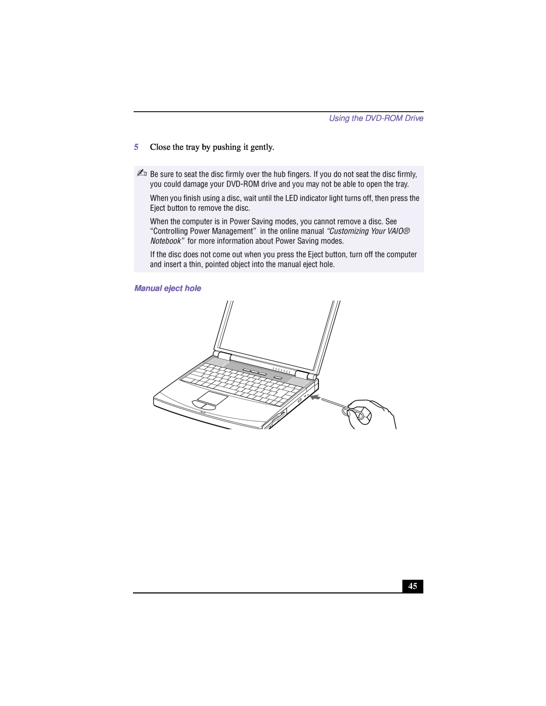 Sony PCG-F640 manual Close the tray by pushing it gently, Using the DVD-ROM Drive, Manual eject hole 