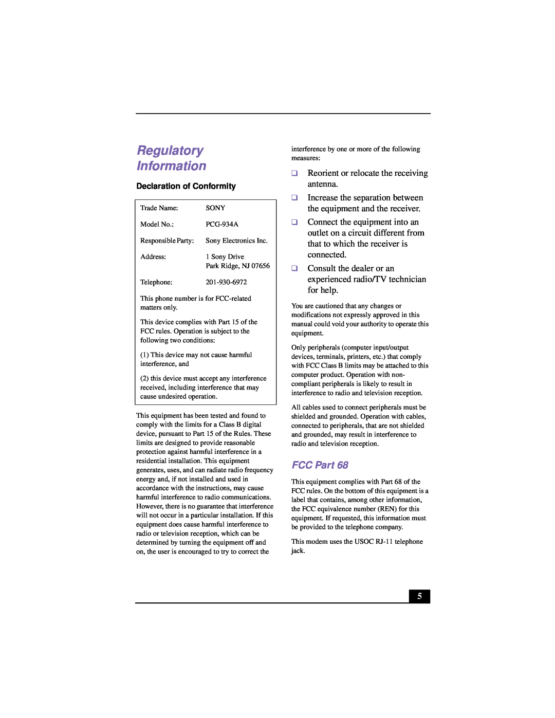 Sony PCG-F640 manual Regulatory Information, FCC Part, Declaration of Conformity 