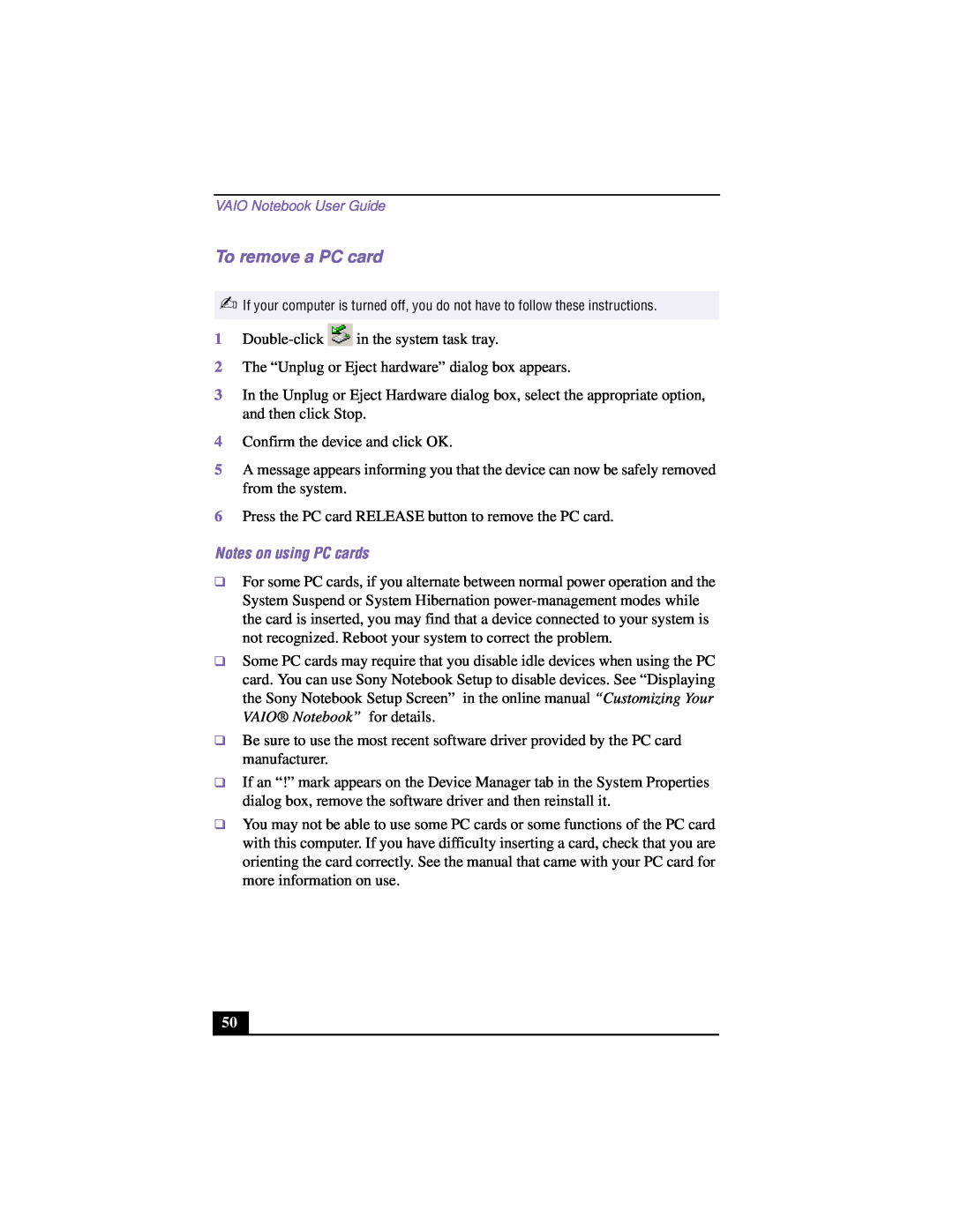 Sony PCG-F640 manual To remove a PC card, Double-click, Notes on using PC cards 
