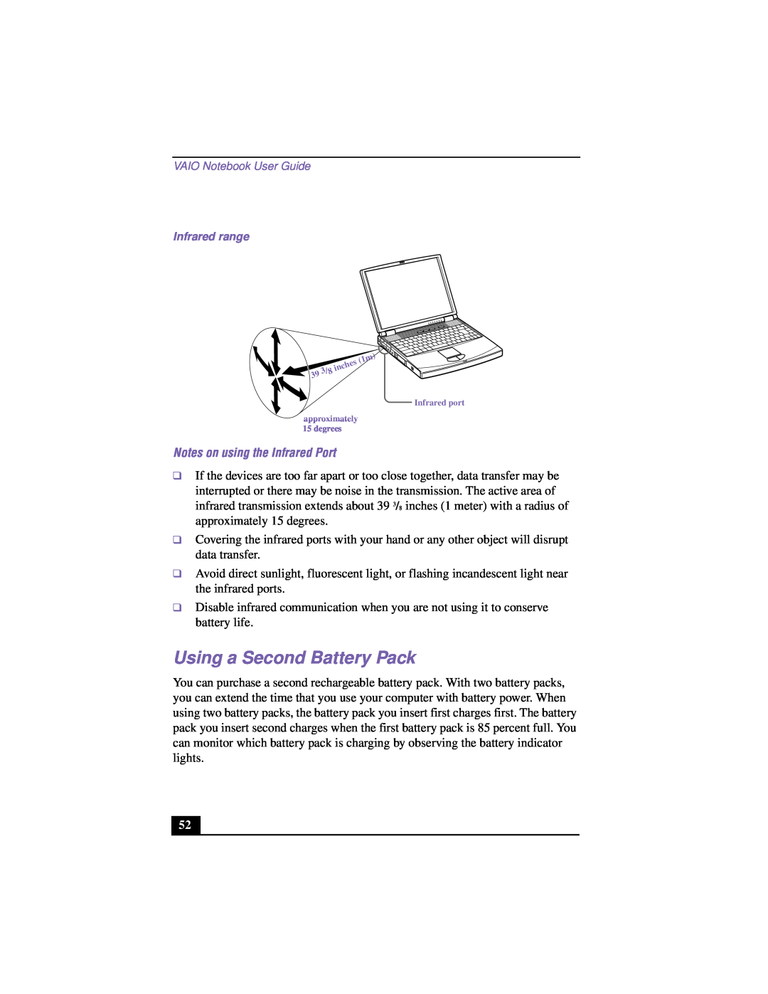 Sony PCG-F640 manual Using a Second Battery Pack, Notes on using the Infrared Port 