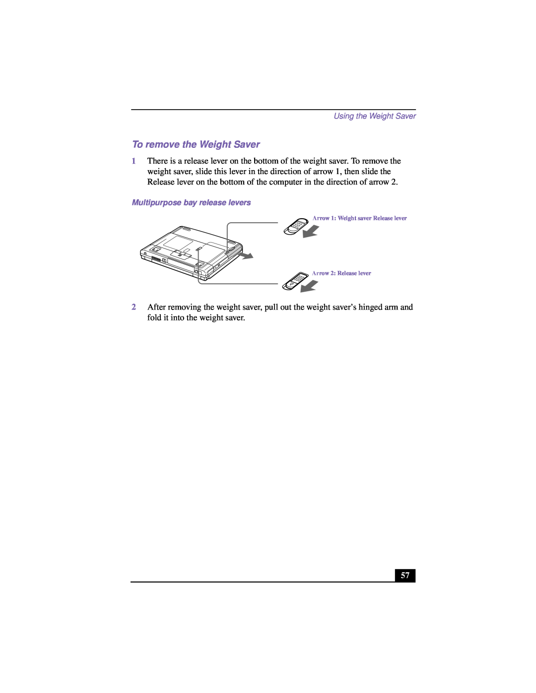 Sony PCG-F640 manual To remove the Weight Saver, Using the Weight Saver 