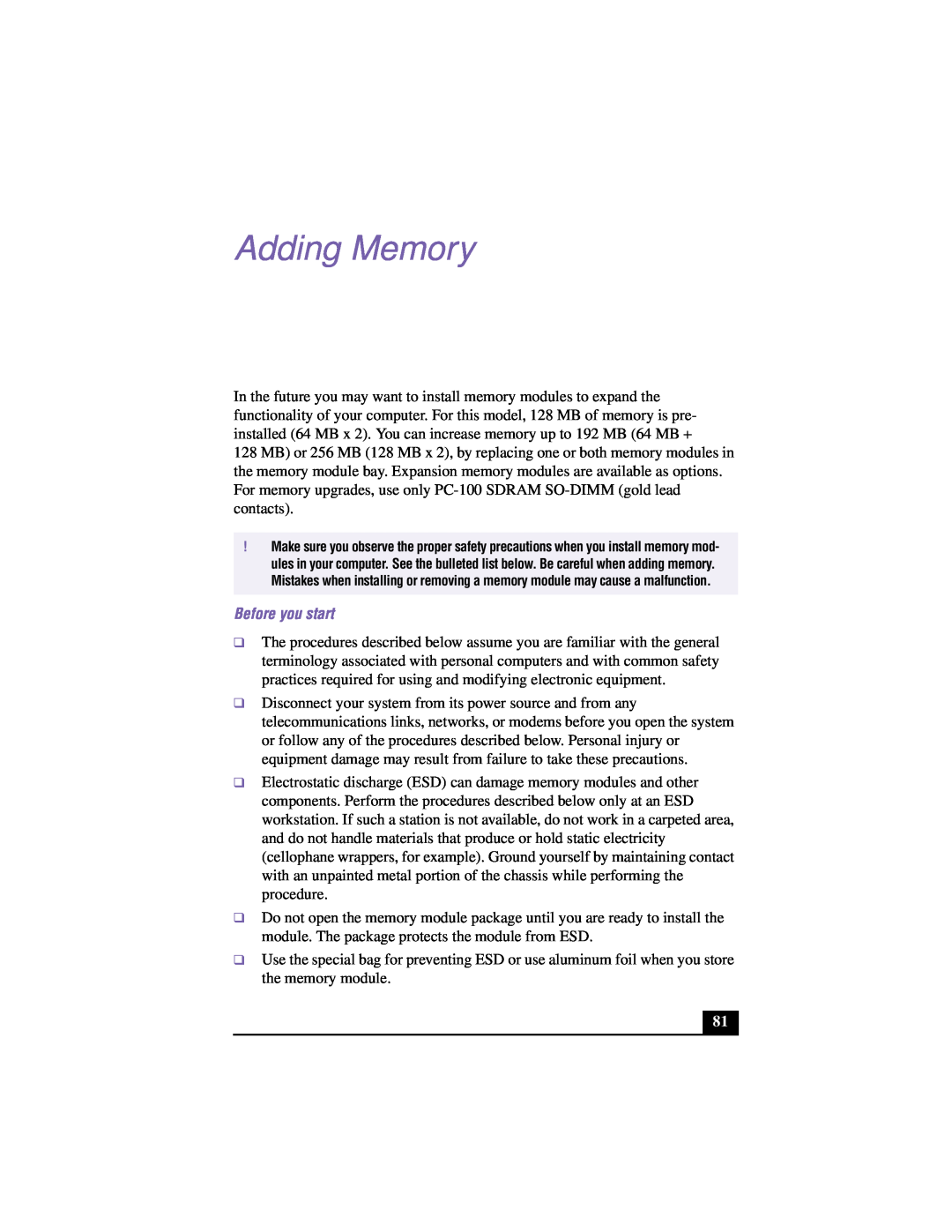 Sony PCG-F640 manual Adding Memory, Before you start 