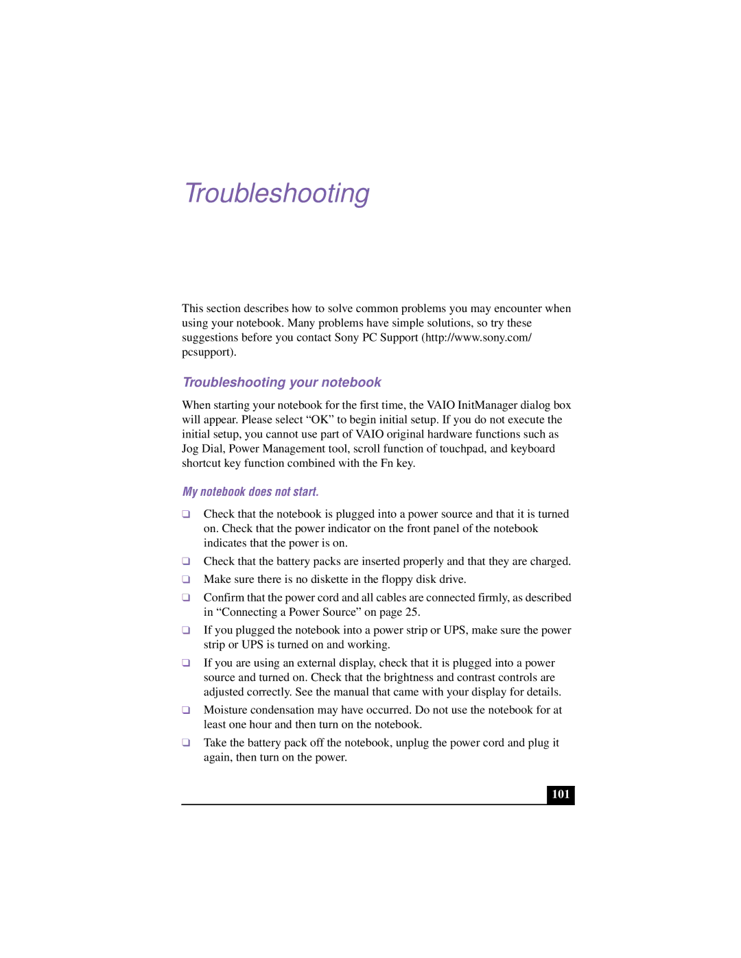 Sony PCG-F640 manual Troubleshooting your notebook, My notebook does not start 