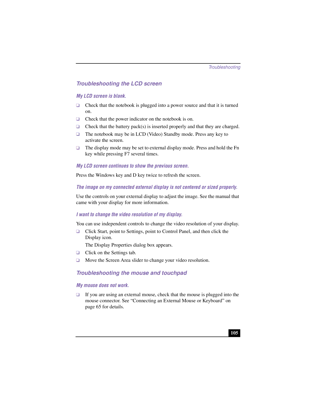Sony PCG-F640 manual Troubleshooting the LCD screen, Troubleshooting the mouse and touchpad 