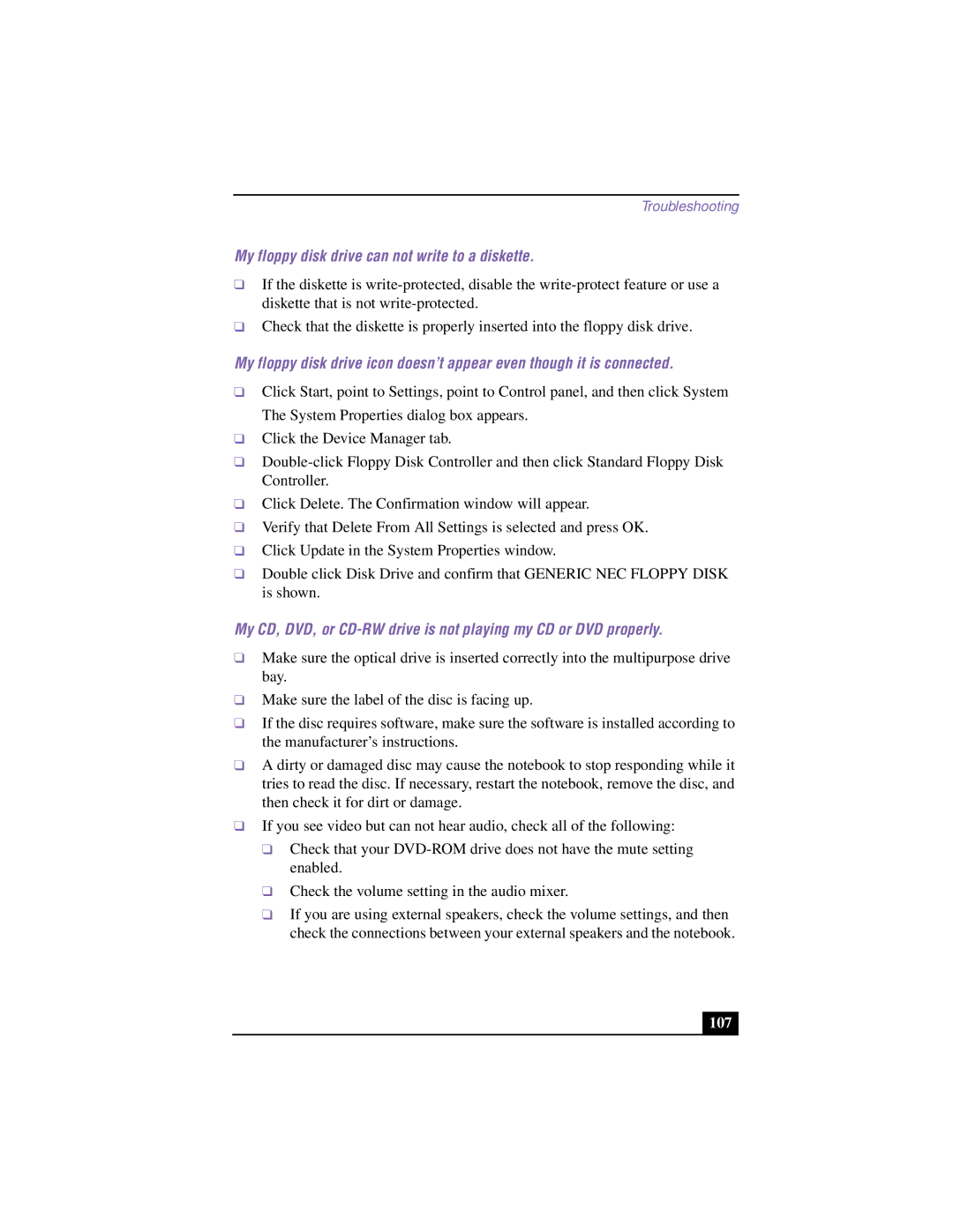 Sony PCG-F640 manual My floppy disk drive can not write to a diskette, 107 