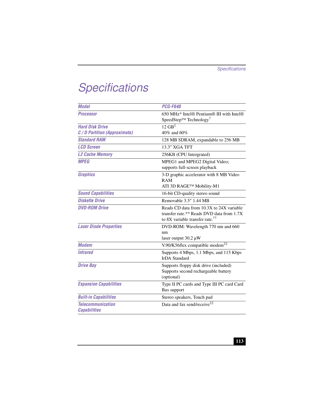 Sony PCG-F640 manual Specifications 