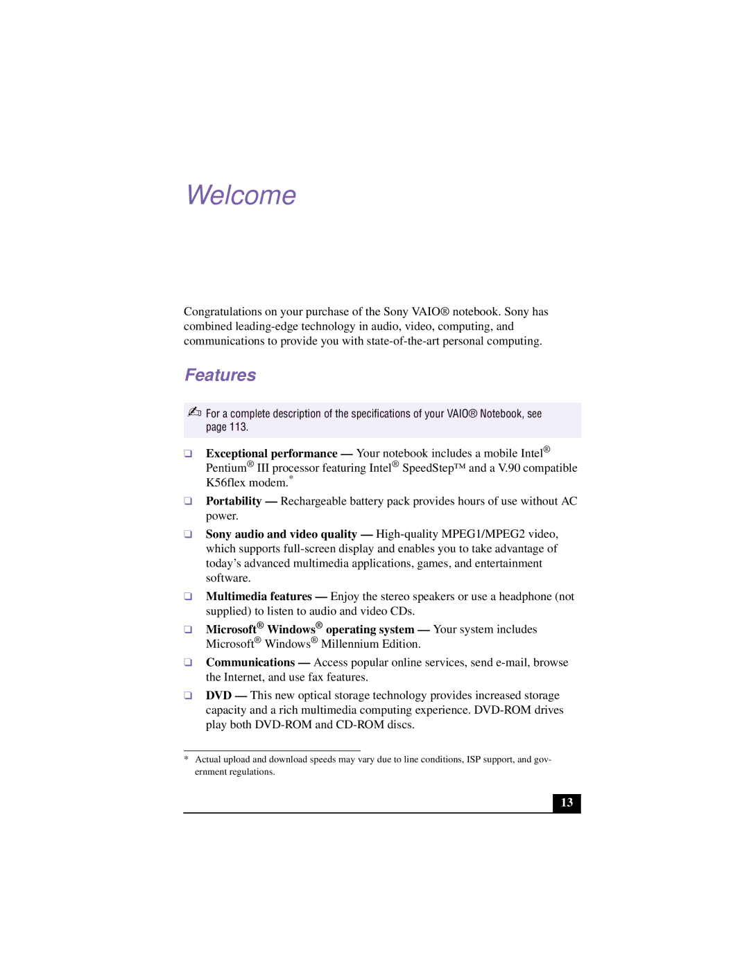 Sony PCG-F640 manual Welcome, Features 