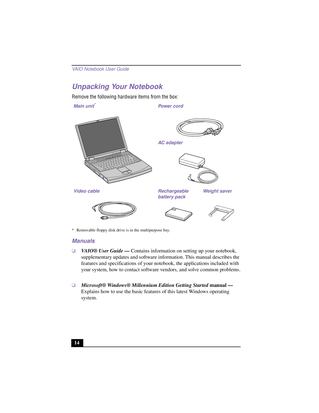 Sony PCG-F640 manual Unpacking Your Notebook, Manuals, Main unit, AC adapter Video cable Rechargeable, Battery pack 