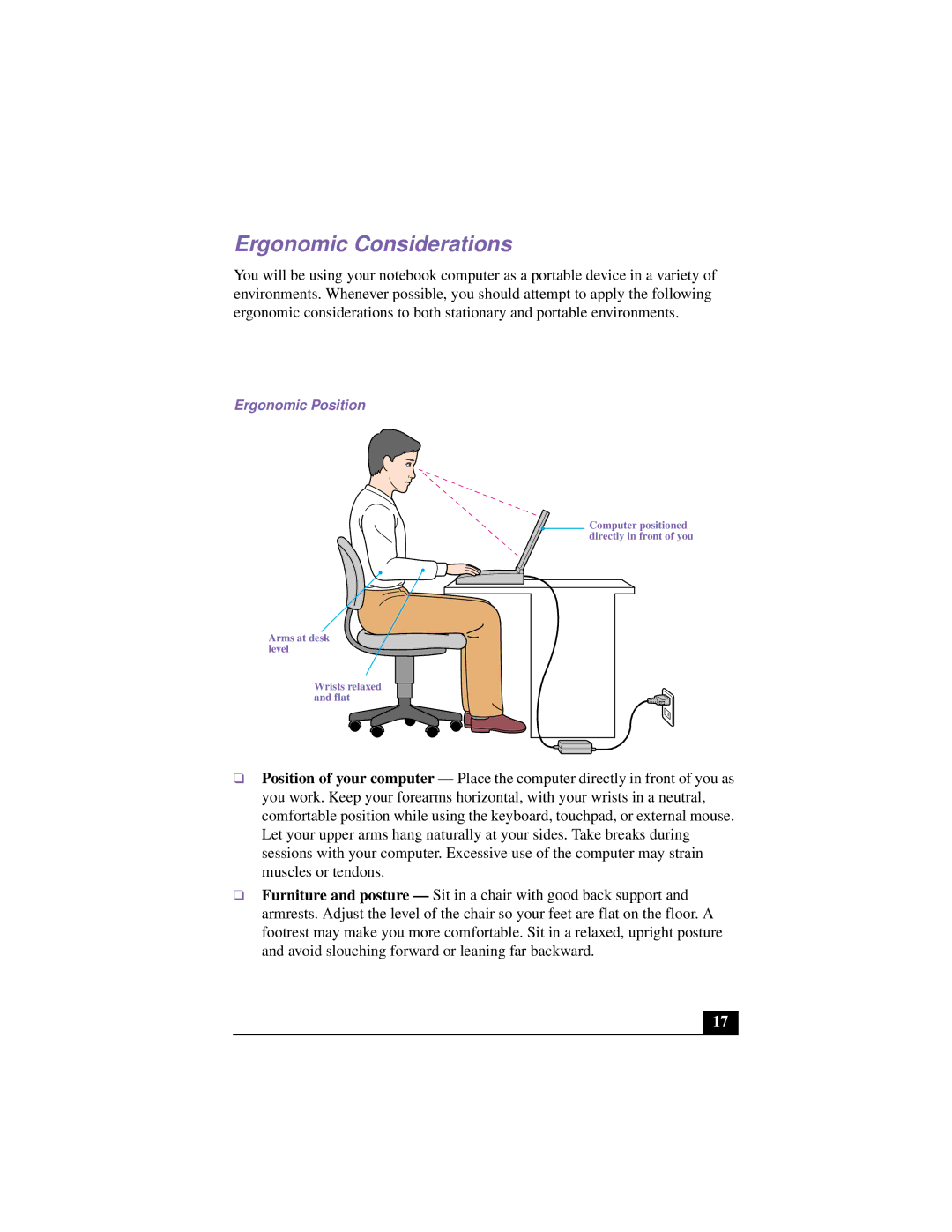 Sony PCG-F640 manual Ergonomic Considerations, Ergonomic Position 