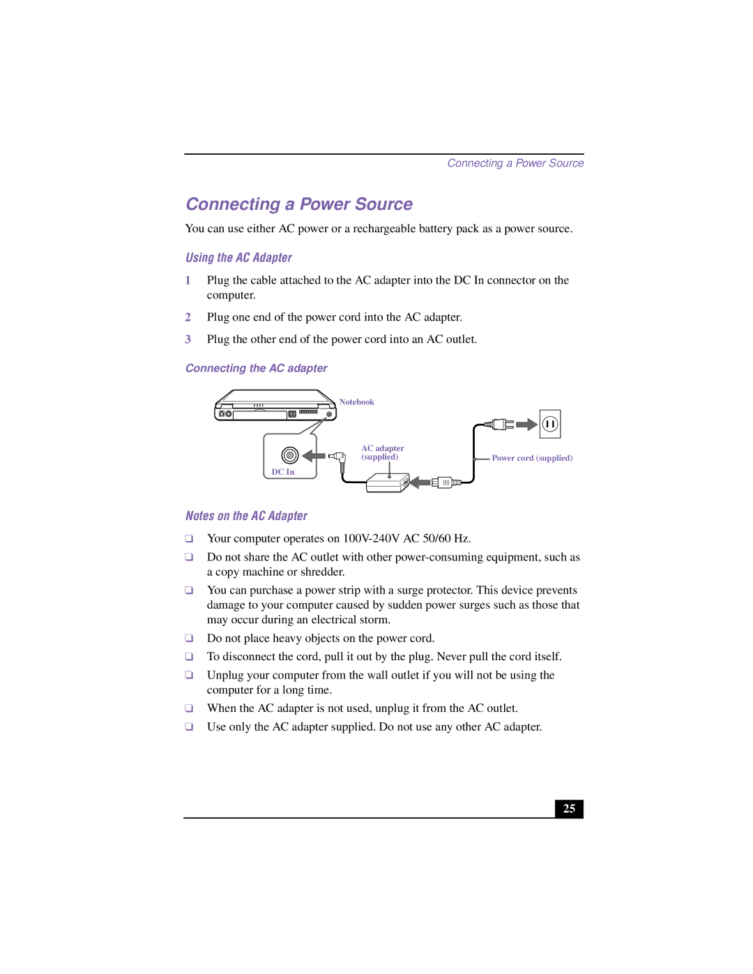 Sony PCG-F640 manual Connecting a Power Source, Using the AC Adapter, Connecting the AC adapter 