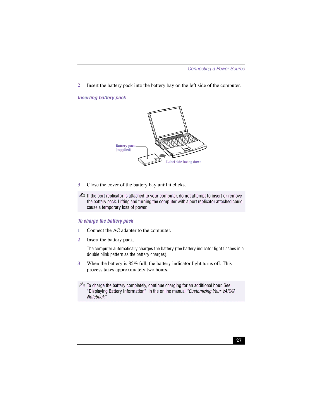 Sony PCG-F640 manual To charge the battery pack, Inserting battery pack 