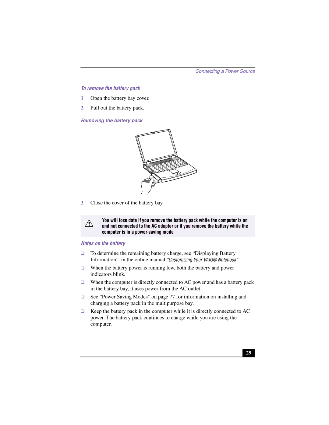 Sony PCG-F640 manual To remove the battery pack, Removing the battery pack 