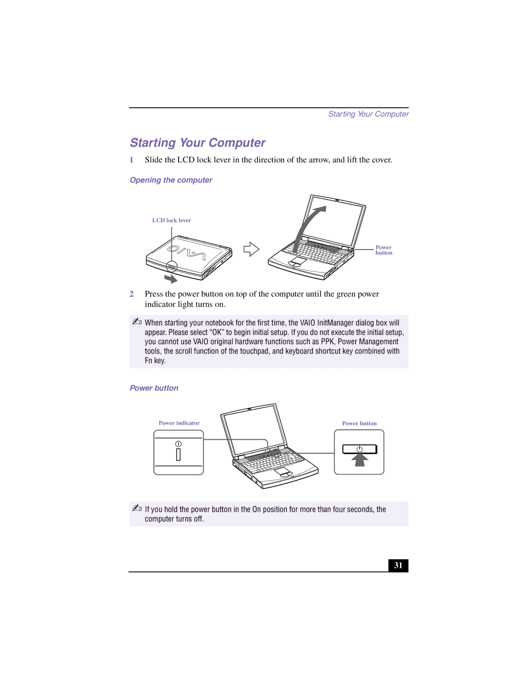 Sony PCG-F640 manual Starting Your Computer, Opening the computer 