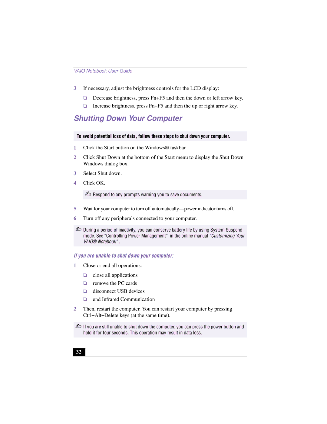 Sony PCG-F640 manual Shutting Down Your Computer, If you are unable to shut down your computer 