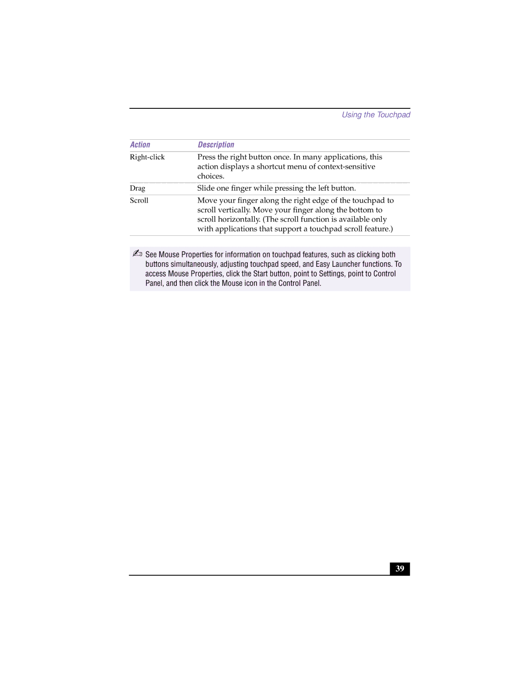 Sony PCG-F640 manual Using the Touchpad 