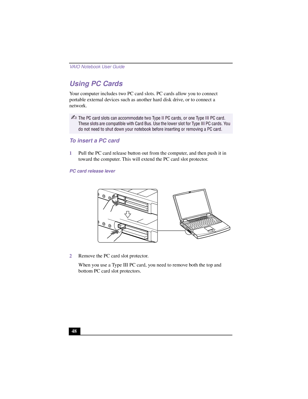 Sony PCG-F640 manual Using PC Cards, To insert a PC card, PC card release lever 