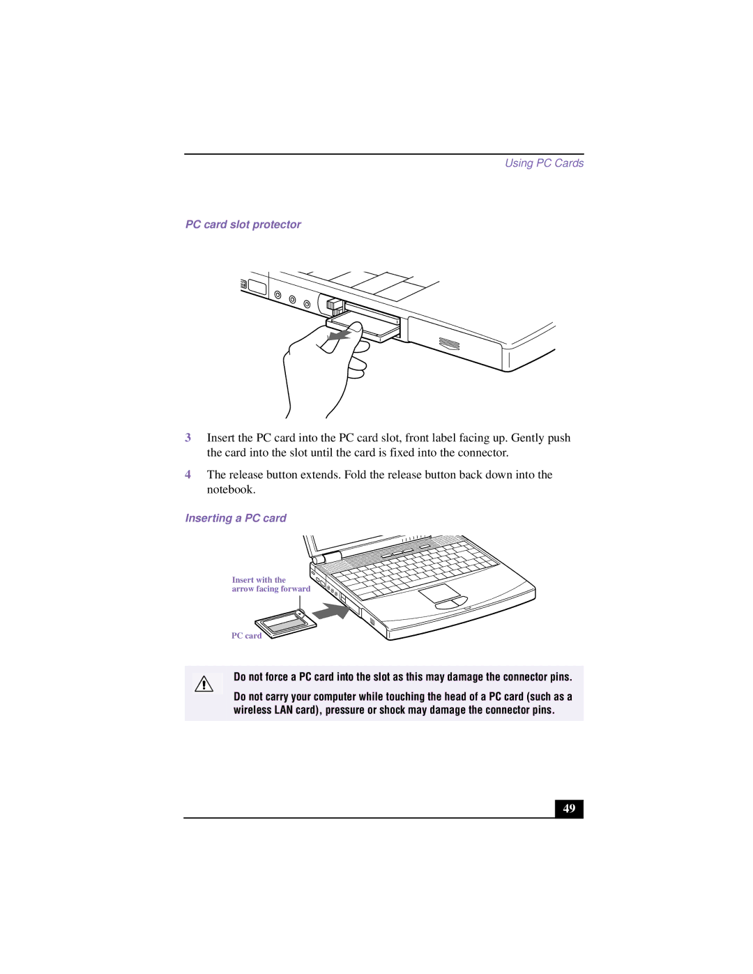 Sony PCG-F640 manual PC card slot protector, Inserting a PC card 