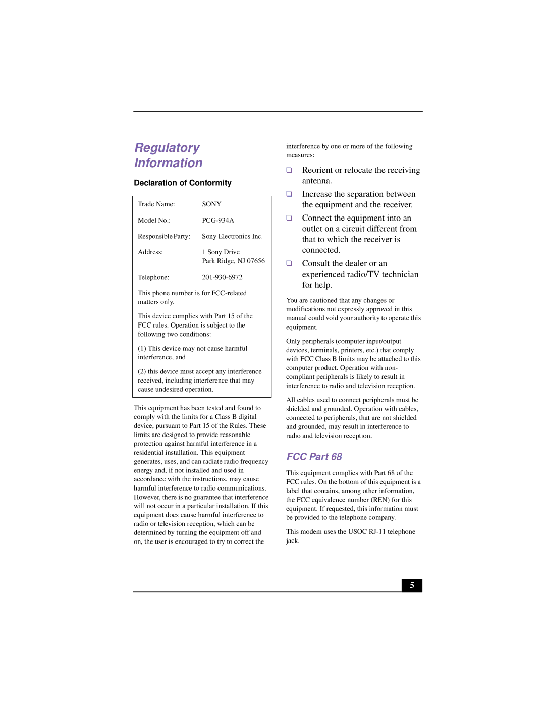 Sony PCG-F640 manual Regulatory Information, FCC Part 