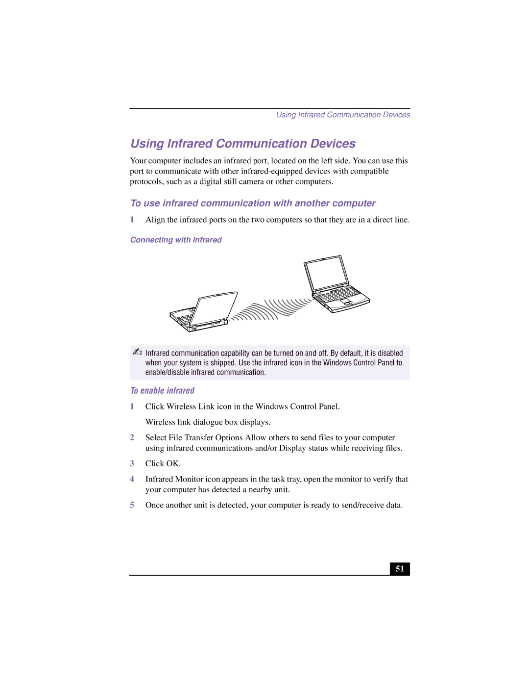 Sony PCG-F640 manual Using Infrared Communication Devices, To use infrared communication with another computer 