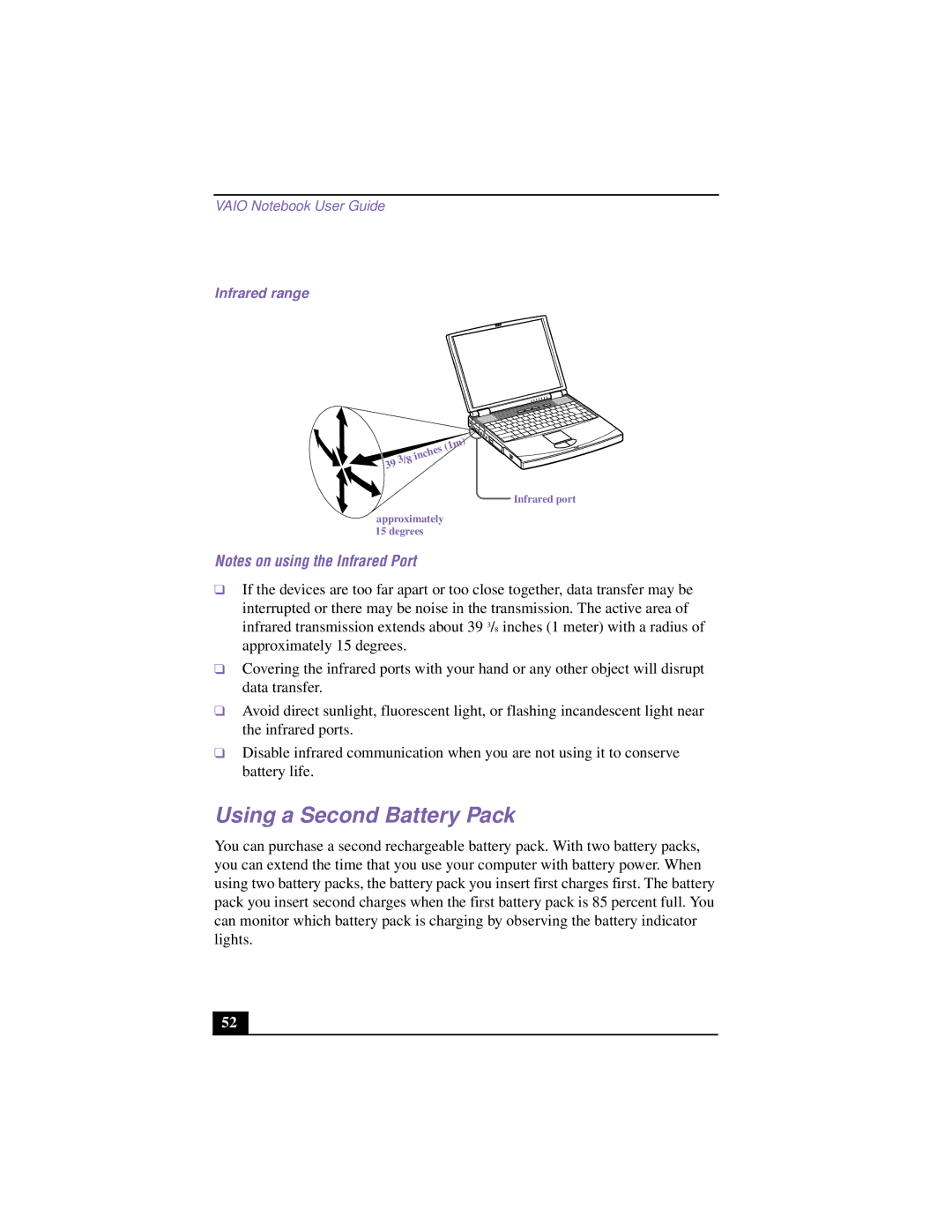 Sony PCG-F640 manual Using a Second Battery Pack, Infrared range 