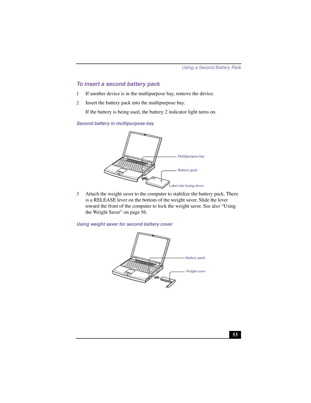 Sony PCG-F640 manual To insert a second battery pack, Second battery in multipurpose bay 