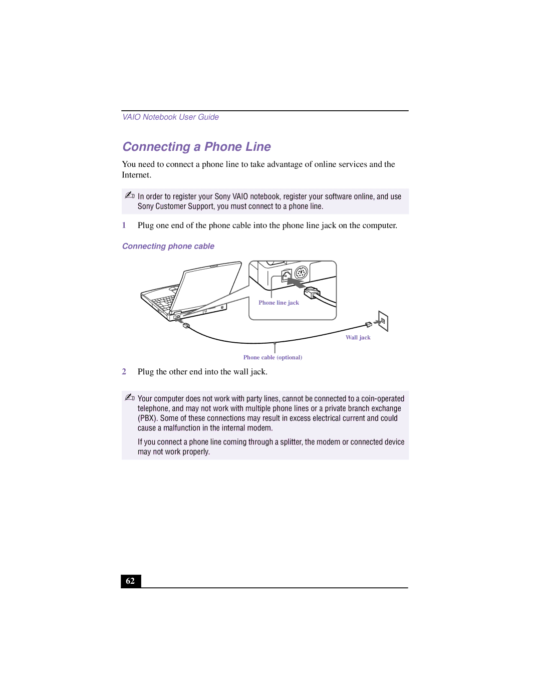 Sony PCG-F640 manual Connecting a Phone Line, Connecting phone cable 