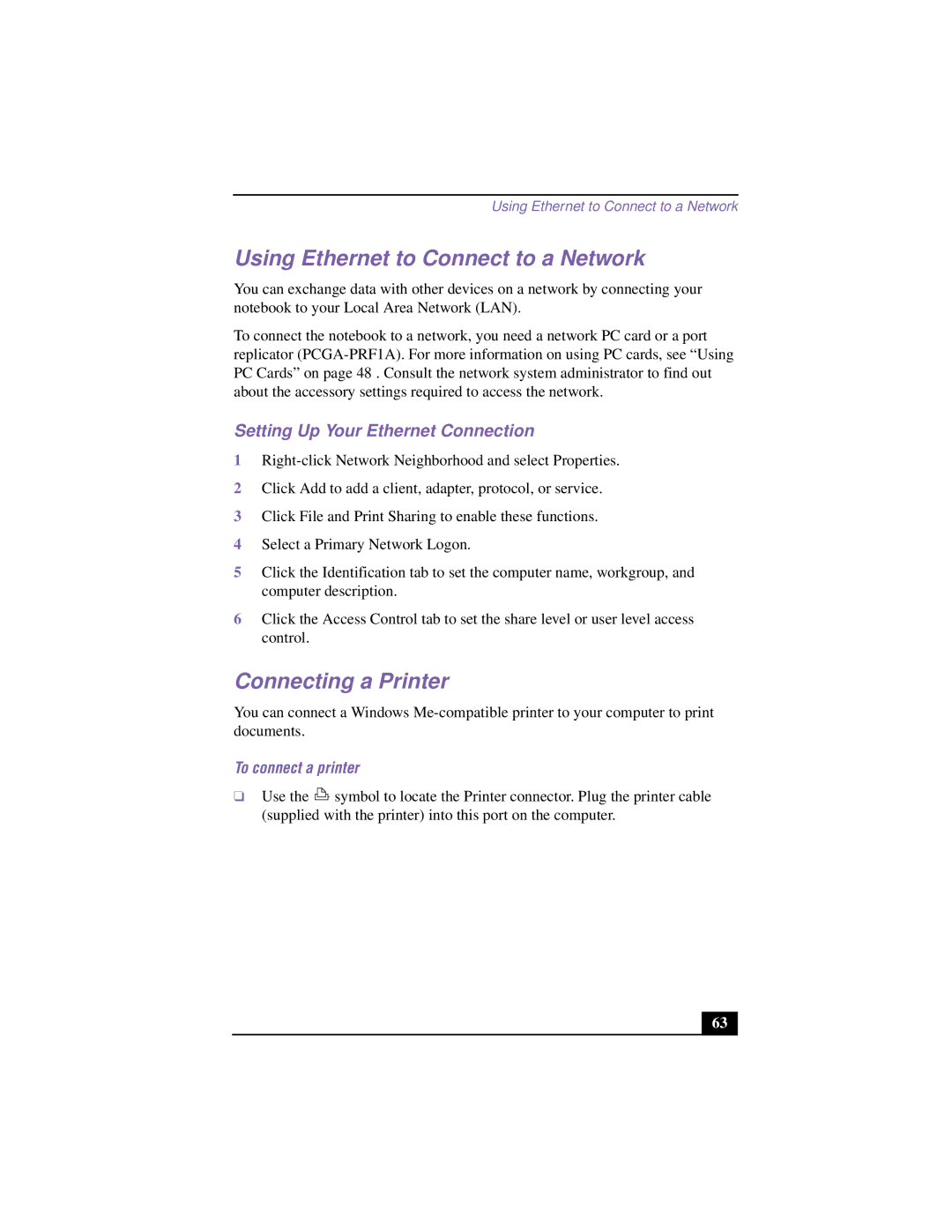 Sony PCG-F640 manual Using Ethernet to Connect to a Network, Connecting a Printer, Setting Up Your Ethernet Connection 