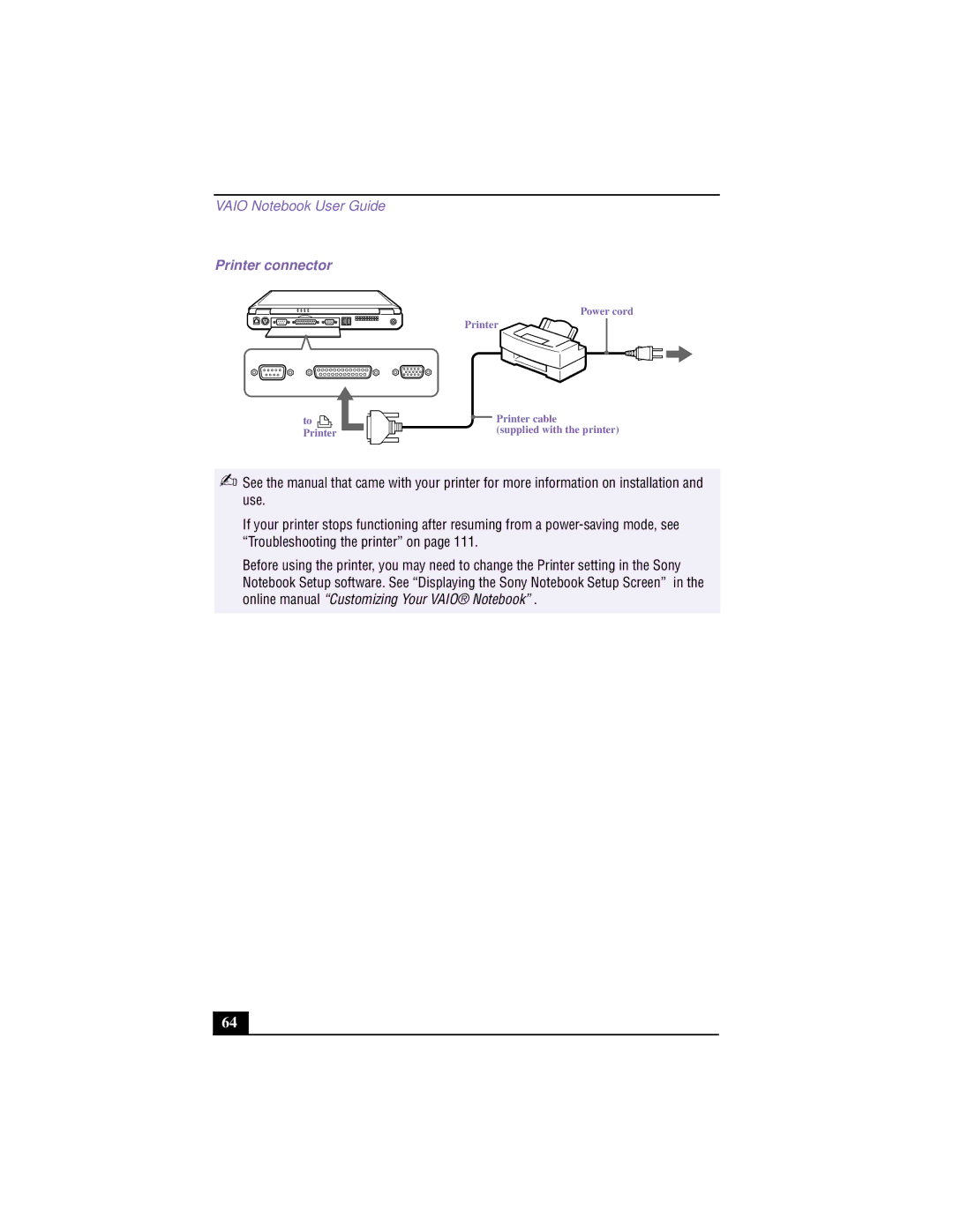 Sony PCG-F640 manual Power cord Printer Printer cable Supplied with the printer 