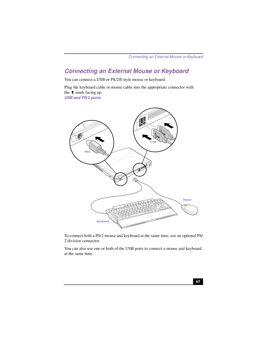 Sony PCG-F640 manual Connecting an External Mouse or Keyboard, USB and PS/2 ports 