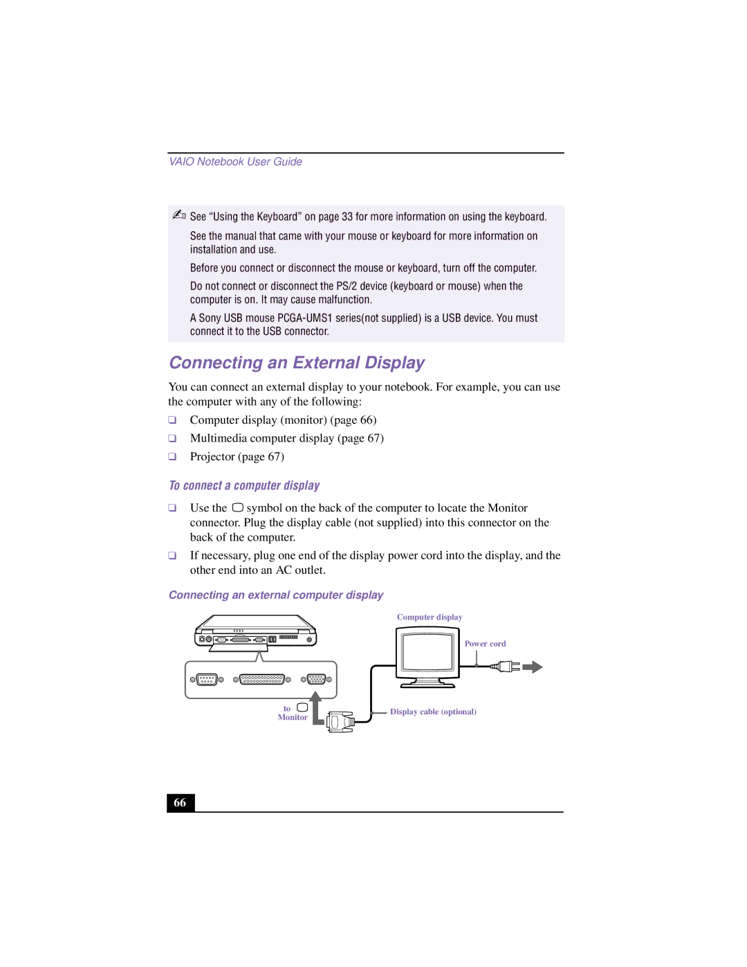 Sony PCG-F640 manual Connecting an External Display, To connect a computer display, Connecting an external computer display 