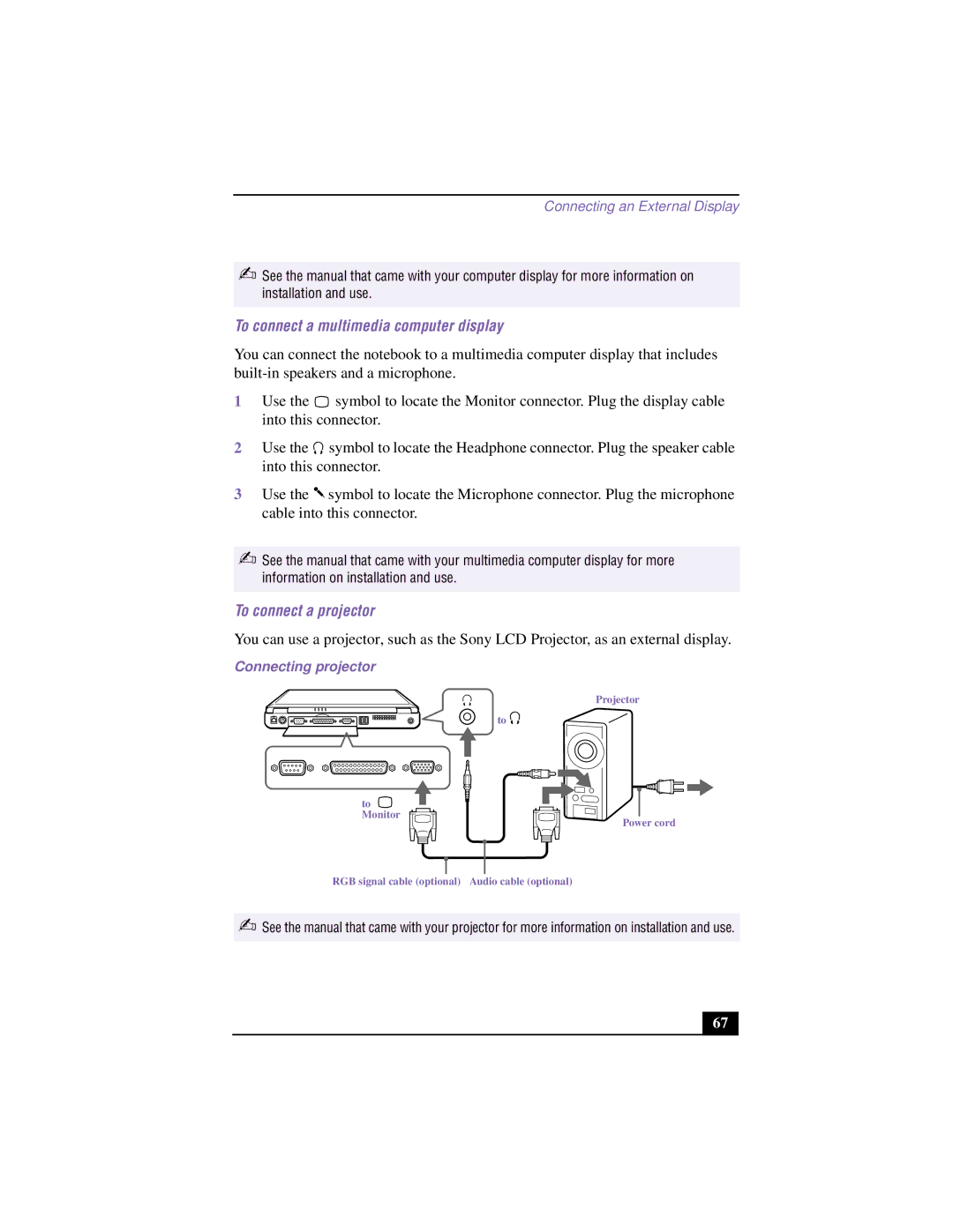 Sony PCG-F640 manual To connect a multimedia computer display, To connect a projector, Connecting projector 