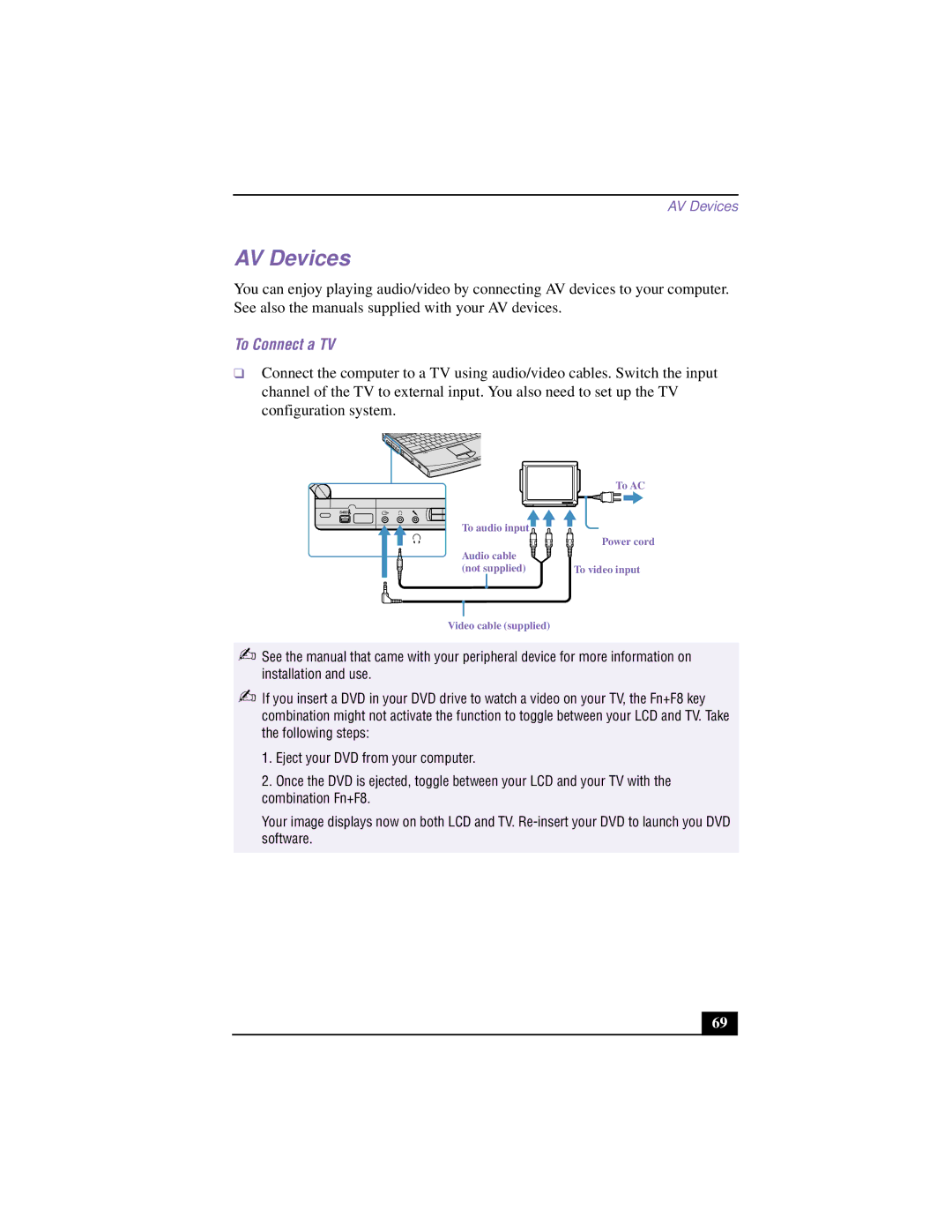 Sony PCG-F640 manual AV Devices, To Connect a TV 