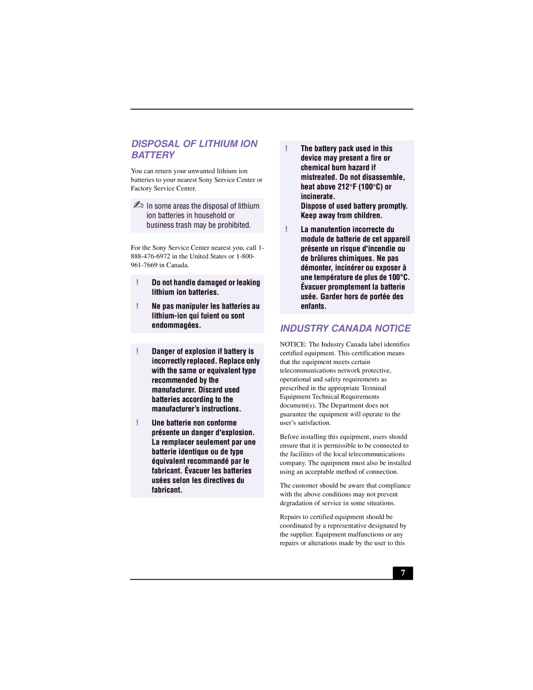 Sony PCG-F640 manual Disposal of Lithium ION Battery 