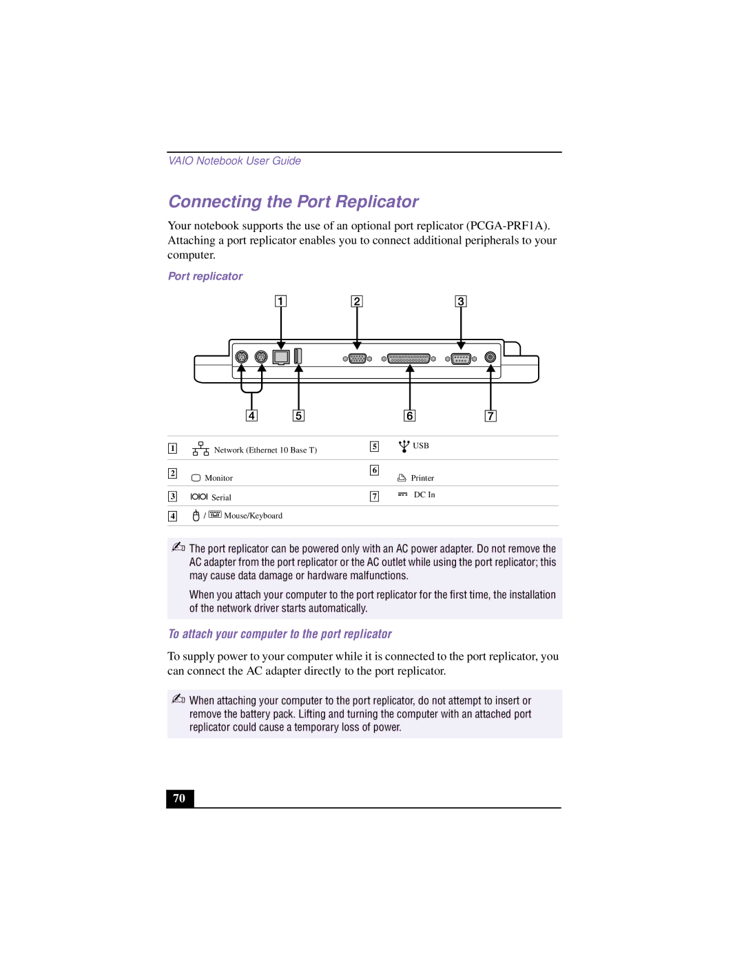 Sony PCG-F640 manual Connecting the Port Replicator, To attach your computer to the port replicator, Port replicator 