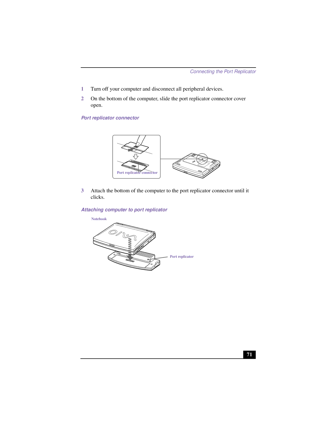 Sony PCG-F640 manual Port replicator connector, Attaching computer to port replicator 