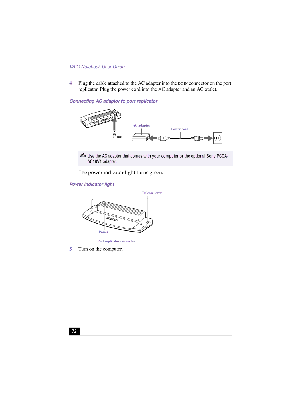 Sony PCG-F640 manual Connecting AC adaptor to port replicator, Power indicator light 