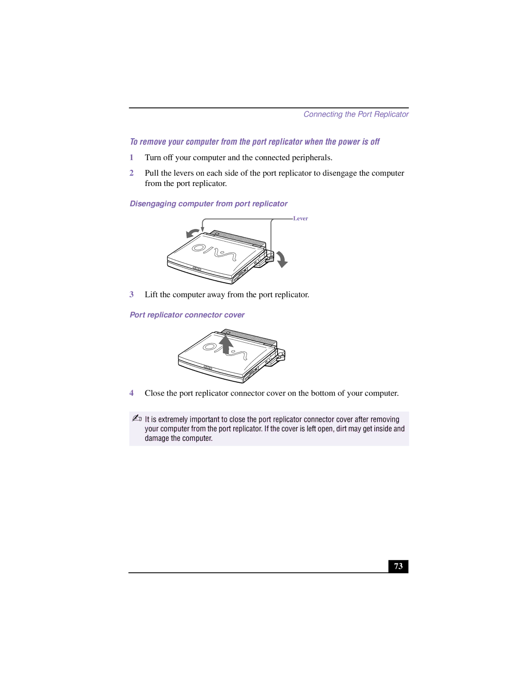 Sony PCG-F640 manual Disengaging computer from port replicator, Port replicator connector cover 