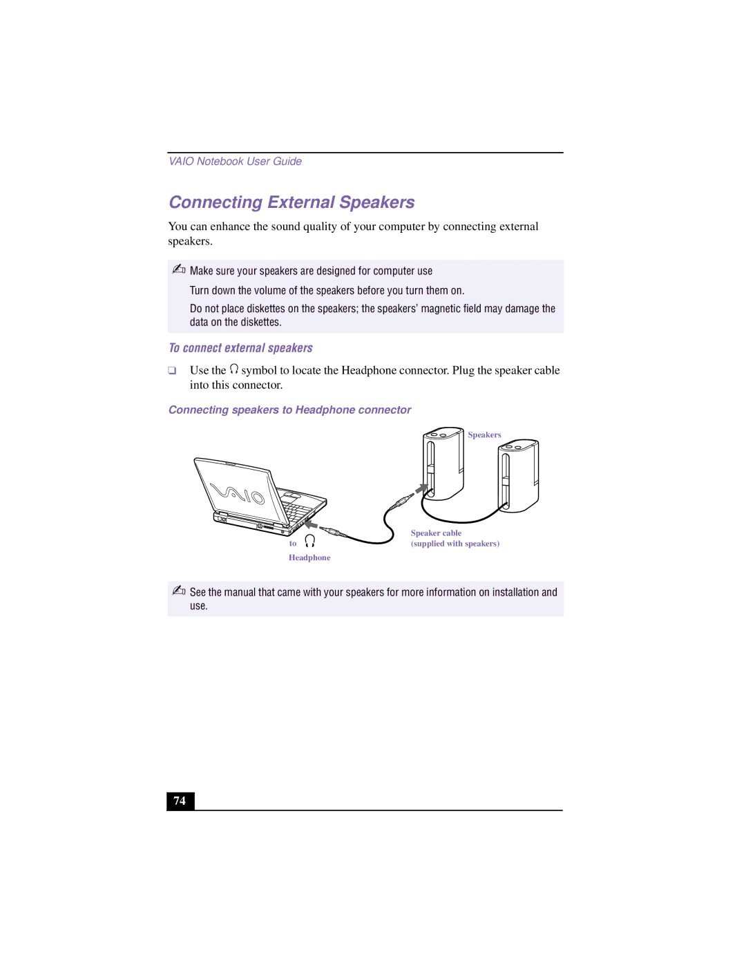 Sony PCG-F640 manual Connecting External Speakers, To connect external speakers, Connecting speakers to Headphone connector 