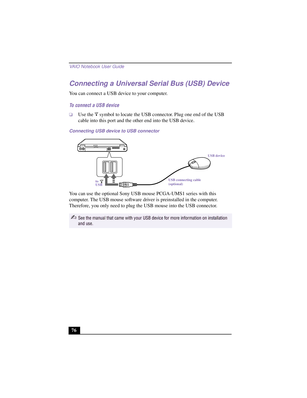 Sony PCG-F640 manual Connecting a Universal Serial Bus USB Device, To connect a USB device 