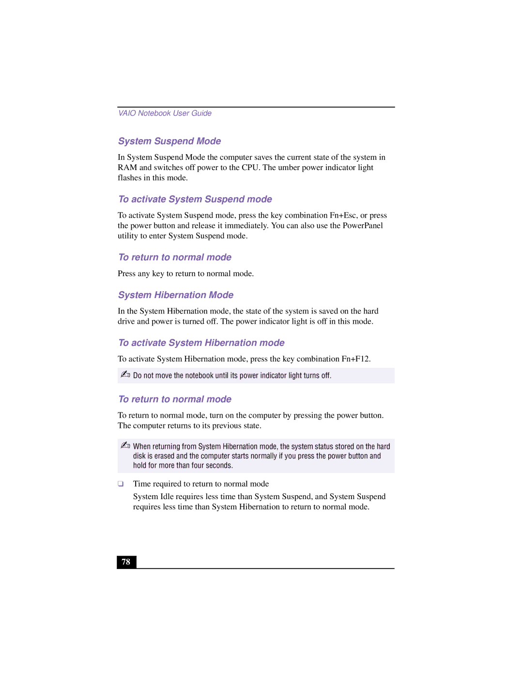 Sony PCG-F640 manual System Suspend Mode, To activate System Suspend mode, System Hibernation Mode 