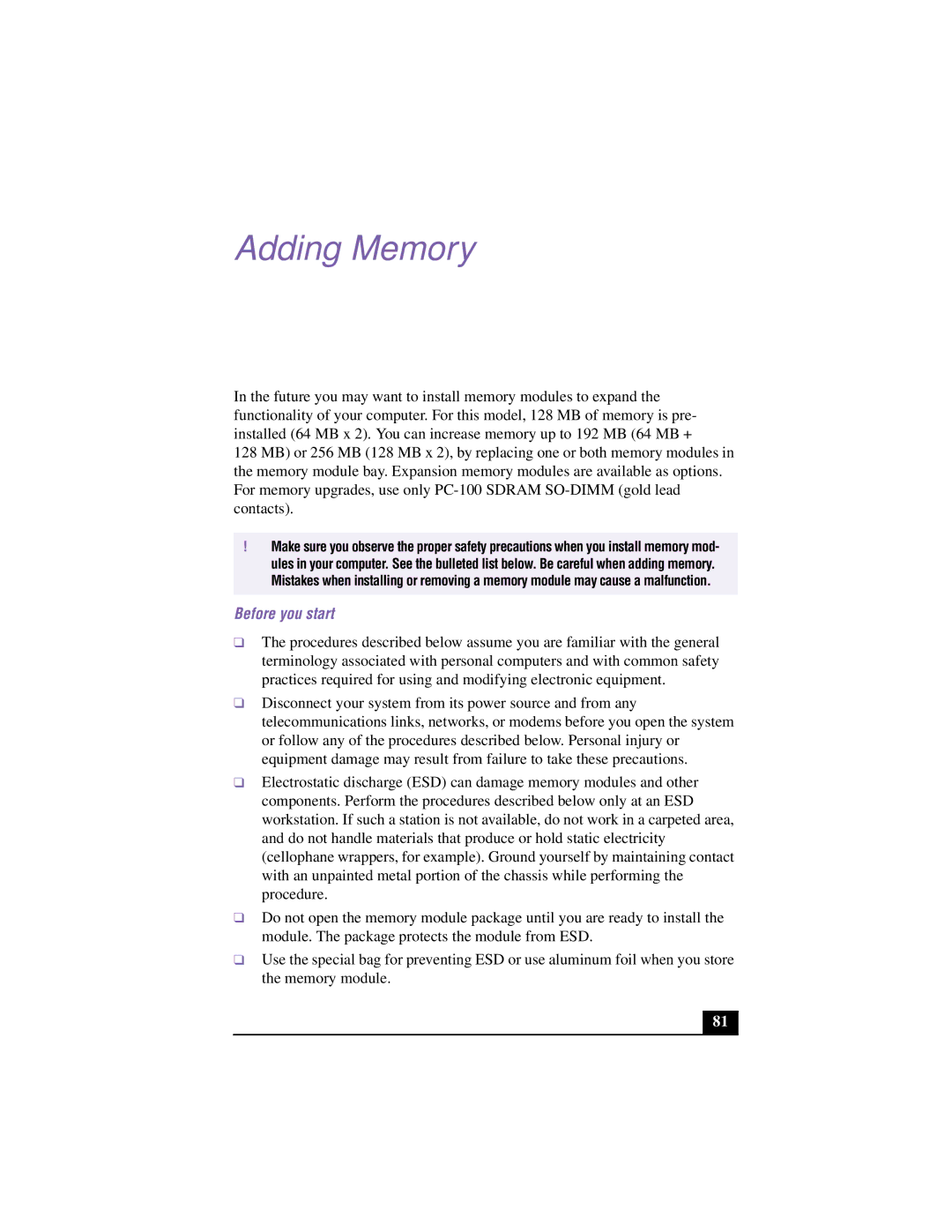 Sony PCG-F640 manual Adding Memory, Before you start 