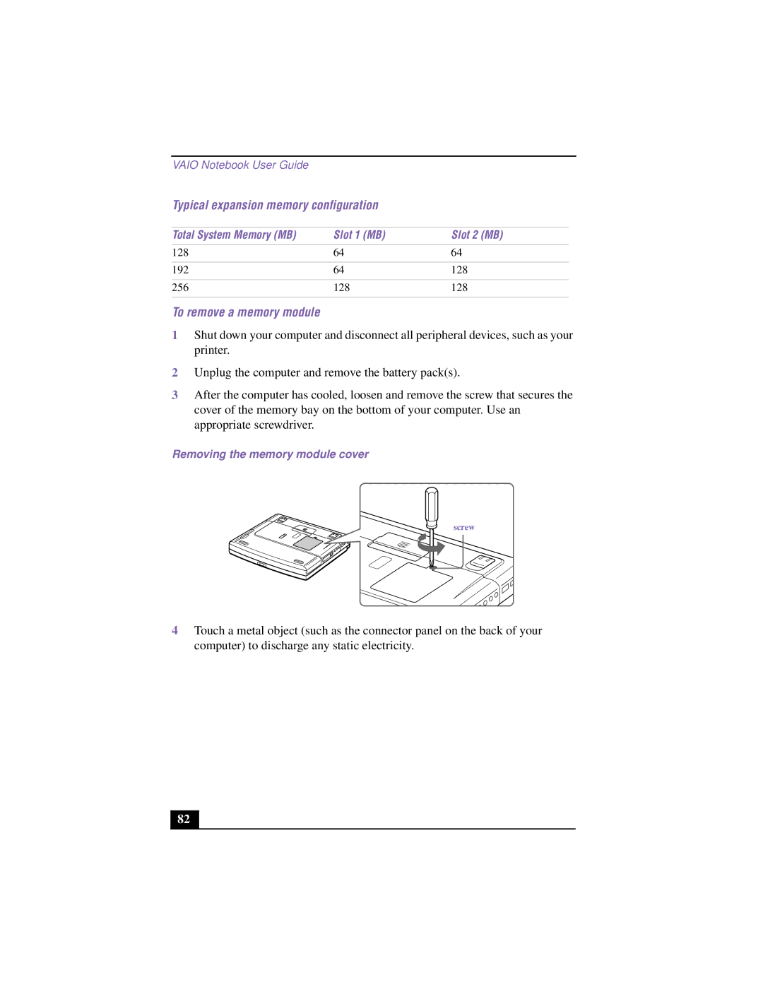 Sony PCG-F640 manual Typical expansion memory configuration, To remove a memory module, Slot 1 MB Slot 2 MB 