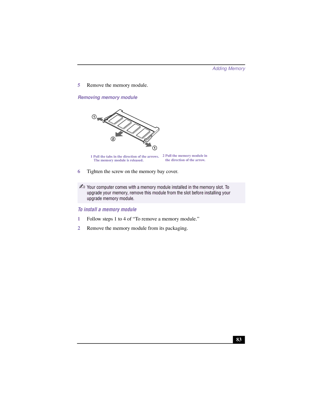 Sony PCG-F640 manual To install a memory module, Removing memory module 