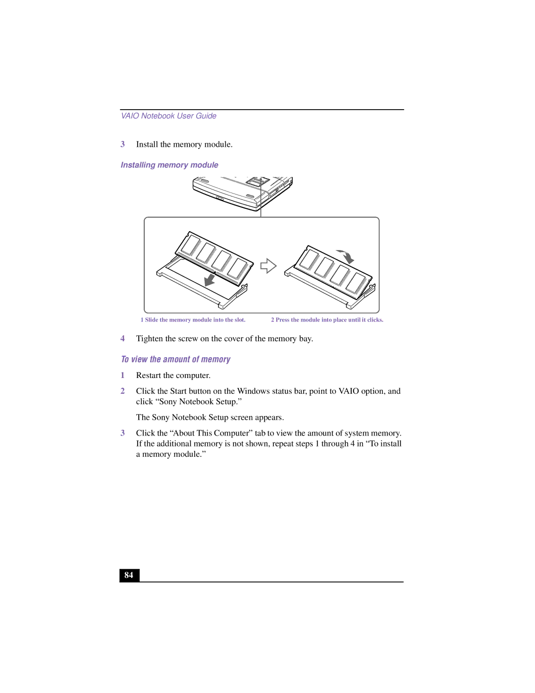 Sony PCG-F640 manual To view the amount of memory, Installing memory module 