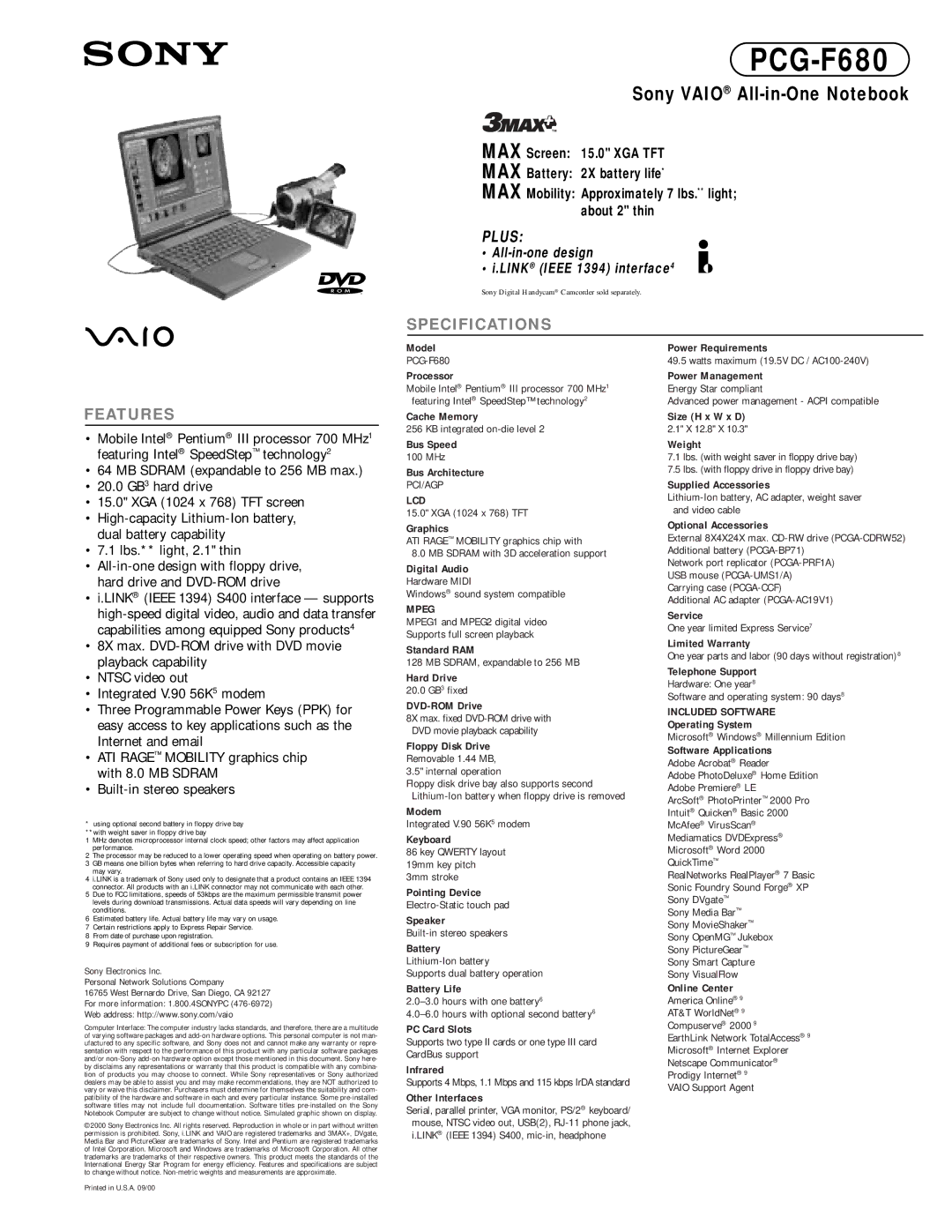 Sony PCG-F680 specifications Lcd, Mpeg, Included Software 