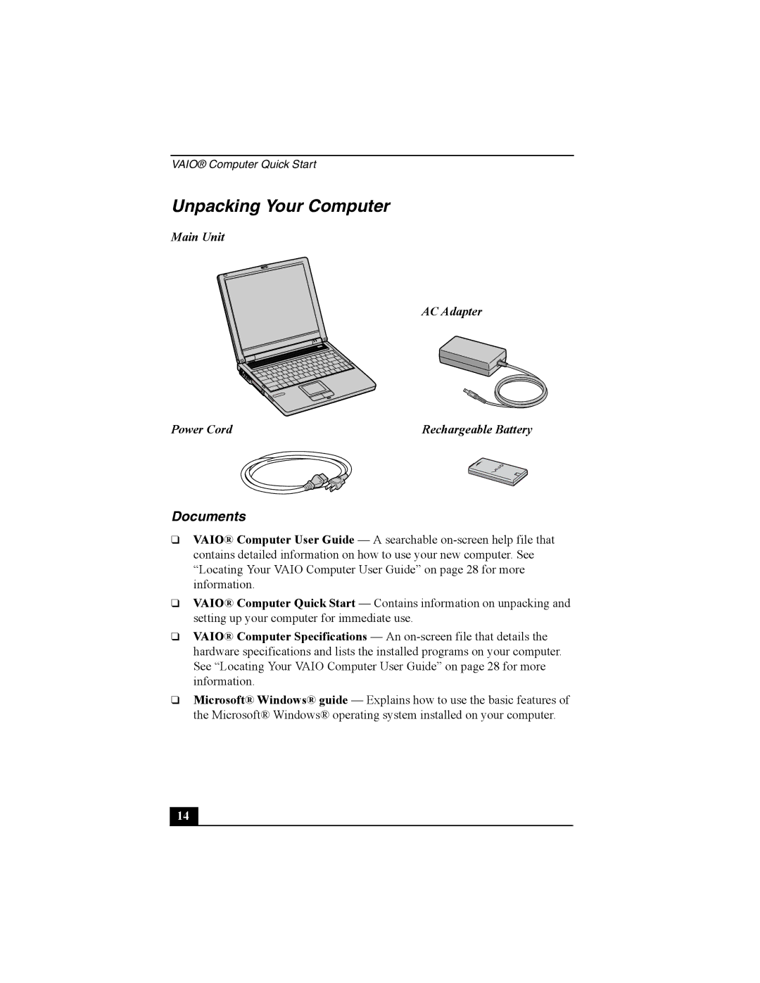 Sony PCG-FRV manual Unpacking Your Computer, Documents, Main Unit AC Adapter Power Cord 