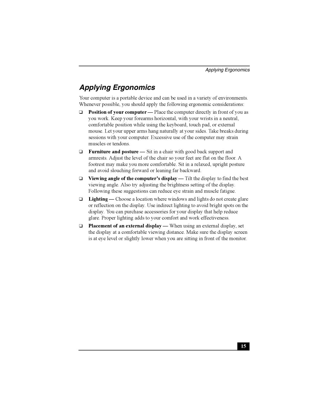 Sony PCG-FRV manual Applying Ergonomics 