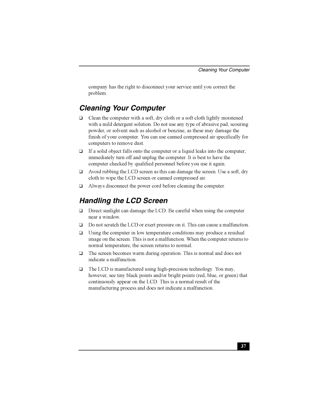 Sony PCG-FRV manual Cleaning Your Computer, Handling the LCD Screen 